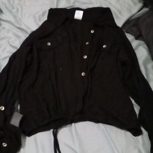Black long sleeve dress shirt with brown buttons and a drawstring